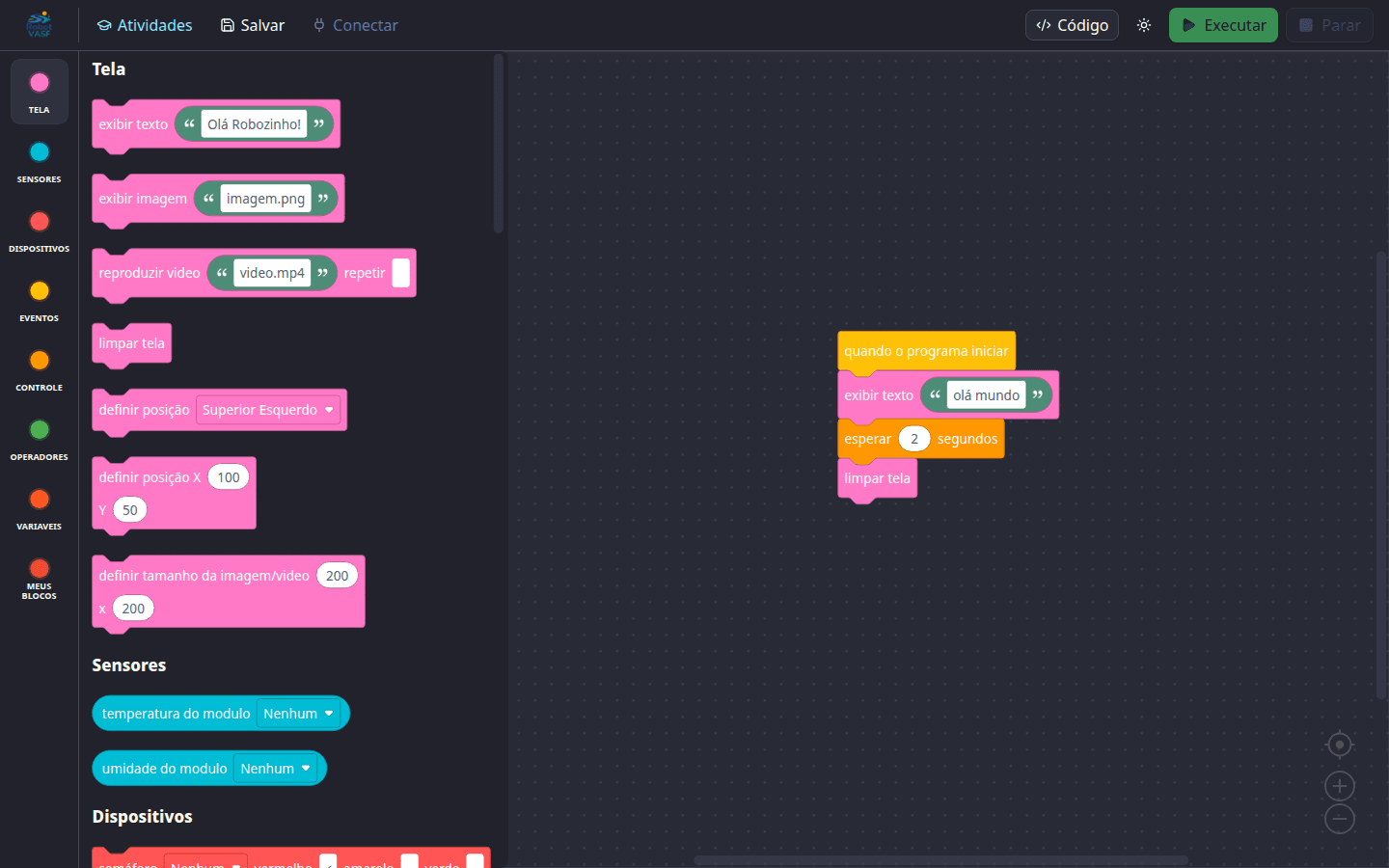 Interface do editor Blockly do RobotVASF